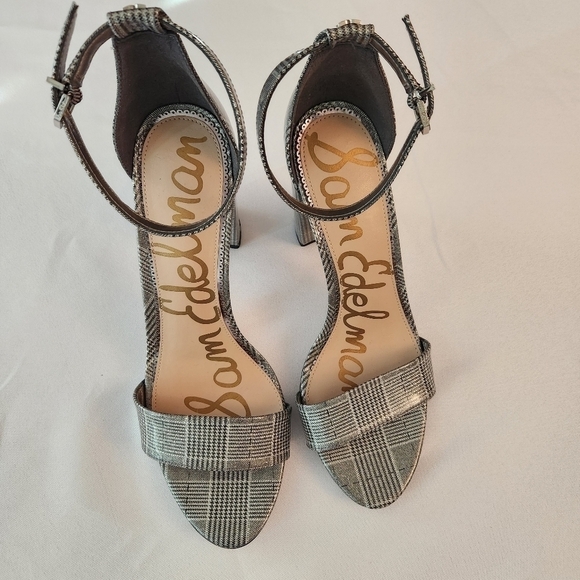 Sam Edelman Yaro  Pewter Plaid Ankle Strap Heeled Sandal Shoes Size 11 - Picture 6 of 14